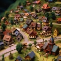 Miniature model of a village with houses on the top of a mountain