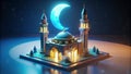 miniature mosque building and 2 minarets with a crescent moon in the background