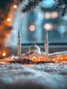 Miniature mosque model with illuminated details on a fluffy surface against a blurred backdrop Royalty Free Stock Photo