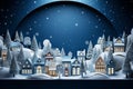 Miniature of a night festive illuminated city with snowy wood forest. paper cut illustration. Merry Christmas and happy holidays Royalty Free Stock Photo