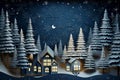 Miniature of a night festive illuminated city with snowy wood forest. paper cut illustration. Merry Christmas and happy holidays Royalty Free Stock Photo