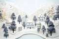 Miniature of a night festive illuminated city with snowy wood forest. paper cut illustration. Merry Christmas and happy holidays Royalty Free Stock Photo