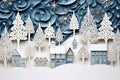 Miniature of a night festive illuminated city with snowy wood forest. paper cut illustration. Merry Christmas and happy holidays Royalty Free Stock Photo