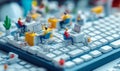 Miniature office workers typing on a giant keyboard, using the keys as desks and chairs, 3D whimsical