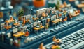 Miniature office workers typing on a giant keyboard, using the keys as desks and chairs, 3D whimsical