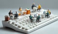 Miniature office workers typing on a giant keyboard, using the keys as desks and chairs, 3D whimsical