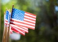 Miniature paper flags USA. American Flag on rustic wooden background