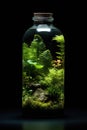 Miniature Paradise: Tropical Trees Encased in a Bottle Against a Black Background. created with Generative AI