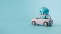 Miniature Pastel Car with Piggy Bank Roof on Soft Blue Background
