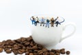 Miniature people : Business team sitting on cup of coffee and having a coffee break. Image use for business concept Royalty Free Stock Photo