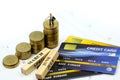 Miniature people : businessman with credit card and stack coins,commitment, agreement, investment, business and partnership