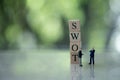 Miniature people businessman standing with letter block in word SWOT Royalty Free Stock Photo