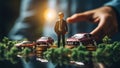 Miniature people. Businessman standing on stack of coins with car model. Finance and investment concept Royalty Free Stock Photo