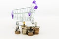 Miniature people: Businessman standing on stack of coins, shopping cart. Image use for online and offline shopping, marketing