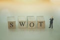 Miniature people businessmen standing with wood word SWOT. SWOT` analysis concept Royalty Free Stock Photo