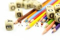 Miniature people : children and student with stationary,education concept Royalty Free Stock Photo