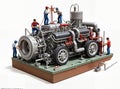 Miniature people collaborate on a large mechanical Engine repair, using tools, climbing ladders, and inspecting pipes, showcasing Royalty Free Stock Photo