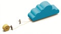 Miniature people connecting cable to large blue cloud shape, cloud computing concept Royalty Free Stock Photo