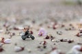 Miniature people : Couple riding the motorcycle in the garden