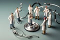 Miniature people: doctors, nurses and stethoscope on grey background, Doctor team with medical stethoscope, top section cropped,
