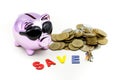 Miniature people : Family teach children saveing money coins with piggy bank,Teach your Children to save day