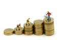 Miniature people : farmer stand on top of coins , Money, Financial, Business Growth concept. Royalty Free Stock Photo