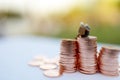 Miniature people: Happy old people sitting on coins stack, Retirement and Life insurance Concept.