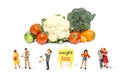 Miniature people with inspiration board  and fresh vegetable isolated on white back ground to solution for health and weight loss. Royalty Free Stock Photo