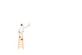Miniature people with ladder holding brush in front of a white background Royalty Free Stock Photo