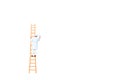 Miniature people with ladder holding brush in front of a white background Royalty Free Stock Photo