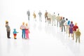 miniature people. little girl with other people stands against the background of other people on a white background. Loneliness