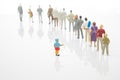 miniature people. little girl stands against the background of other people on a white background. Loneliness and family