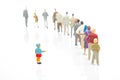 miniature people. little girl stands against the background of other people on a white background. Loneliness and family