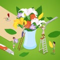 Miniature People Making Bouquet of Flowers. Florist Shop. Isometric illustration