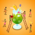 Miniature People Making Summer Cocktail with Fruits. Isometric illustration Royalty Free Stock Photo
