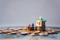 Miniature people, man and woman sitting on stack coins using as business and life success concept Royalty Free Stock Photo