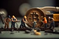 Miniature people repairing bitcoin. Cryptocurrency and technology concept. Generative AI