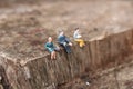 Miniature people sitting down on ledge.