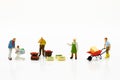 Miniature people : Spending cash for shopping in the market. Image use for marketing, merchant middleman,retail business concept