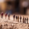 Miniature people standing in a line on the ground, AI