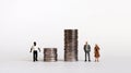 Miniature people standing with a pile of coins. The concept of racial wage discrimination.