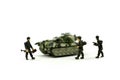 Miniature people : team soldier standing together with army tank and aircraft air combat using for Toy Soldier Day concept