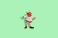 Miniature people toy figure photography. A clown wearing white dress and cone hat standing on green background