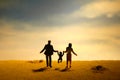 Miniature people toy figure photography. Couple with one child son daughter walking on sand beach at dawn. Family outing day