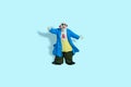 Miniature people toy figure photography. Full body of a bald clown with welcome pose. Isolate on blue background