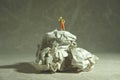 Miniature people toy figure photography. Tired sweeper standing above rumple ball of paper on the floor