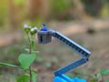 Miniature People and toys: Worker at the construction with chery picker truck background Royalty Free Stock Photo