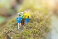 Miniature people : traveler walking on the roads are cluttered with grass. Used to travel to destinations