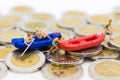 Miniature people : Travelers with paddle boat on coins. Image use for activities, travel business concept