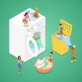 Miniature People Washing Clothes. Laundry Service. Isometric flat illustration Royalty Free Stock Photo